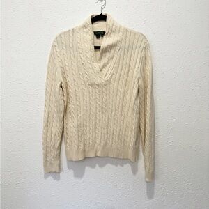 Ralph Lauren Cream Cable Knit split V-neck Sweater XL